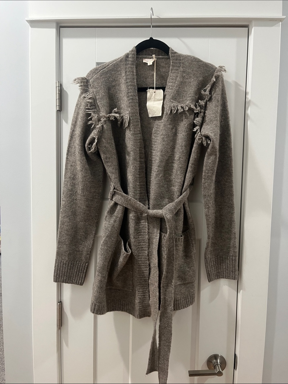 Hem & Thread Frayed Trim Taupe Belted Cardigan Sweater Women's Medium NWT